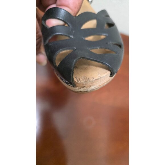 Swedish Hasbeens Women's Black Leather Peep-Toe Sandals Wooden Platform & Ankle - Picture 13 of 13